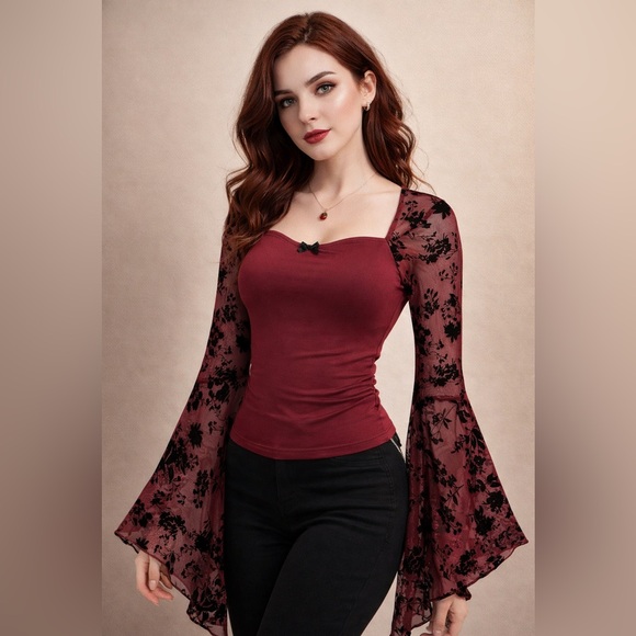 Whimsigoth Bell Sleeve Flare Top in Maroon Burgundy Rose Mesh Dark Romance Goth - Picture 1 of 6